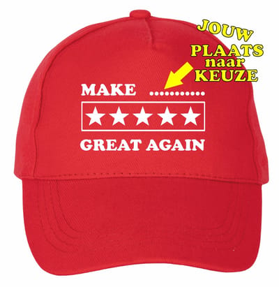 Mijncadeautje - 5 panel - Cap - Verstelbaar - Rode pet van 100% dik geborsteld katoen- unisex - opdruk wit - Make Jouw plaats naar keuze Great again