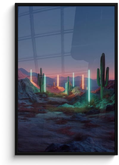 Poster in lijst - Fotolijst 80x120 cm - Posters - Cactus - Lichtzuilen - Zonsondergang - Posterlijst zwart - Decoratie - Wanddecoratie woonkamer - Muurdecoratie slaapkamer
