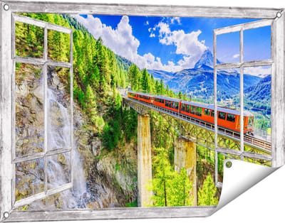 Gards Tuinposter Doorkijk Trein op een Brug bij een Waterval in Zwitserland - 90x60 cm - Tuindoek - Tuindecoratie - Wanddecoratie buiten - Tuinschilderij