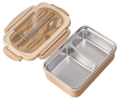 Lekvrije lunchbox - Lunchbox met 2 compartimenten - Inclusief bestek - Geïsoleerde lunchbox met verdeling - Roestvrij staal - Geschikt voor volwassenen kinderen - Vaatwasserbestendig - Kan warm eten bevatten - Bentobox - 21,3 x 14,5 x 7,5 cm - Khaki