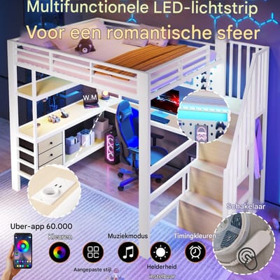 VVBV Ruimtebesparende Hoogslaper 140x200 cm met LED-Verlichting, Bureau - Planken, Lades - Metaal Wit - Zonder Matras