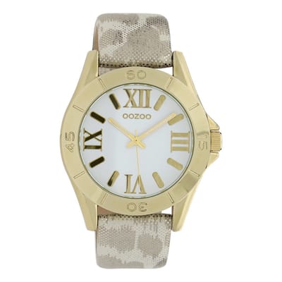 OOZOO Timepieces - Goudkleurige horloge met zilverkleurig/witte leren band - C9781