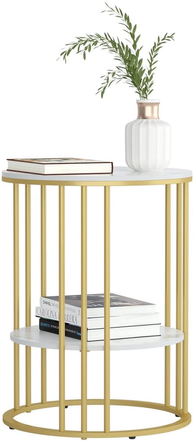 FATIVO Bijzettafel Rond - Nachtkastje - 2 Planken - Marmer Wit - gouden Jzeren Frame - 40 x 54 cm