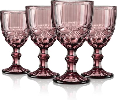 Purple Vintage Embossed Coloured Red Wine Glasses - Set of 4
