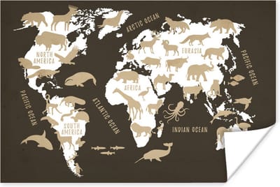 Poster 30x20 cm - Wereldkaart - Dieren - Beige - Posters - Kamer decoratie - Wanddecoratie woonkamer - Muurdecoratie slaapkamer