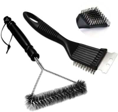 BBQ-reinigingsset, 2 stuks barbecue-reinigingsborstel met roestvrijstalen schraper, 2-in-1 grillborstel voor barbecuegrill en oven