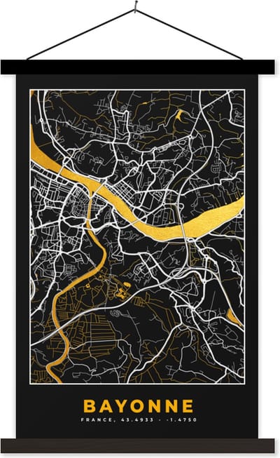 Posterhanger incl. Poster 40x60 cm - Schoolplaat - Bayonne – Plattegrond – Frankrijk – Kaart – Stadskaart - Textielposter - Zwarte latten - Stadskaart
