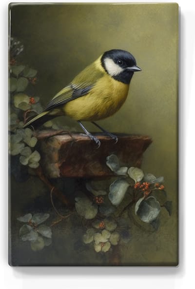 Koolmeesje in het groen - Handgelakt - 19,5 x 30 cm - Niet van echt te onderscheiden schilderijtje op hout - Mooier dan een print op canvas - Laqueprint.