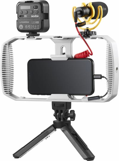 Godox VK1-UC Vlogging Kit (USB-C aansluiting) Inclusief: LED6R belichter - Diffusor - Bracket - Microfoon - Wind Cap - Windscreen schuim - Mini tripod - Smartphone Rig - Perfect voor vloggers