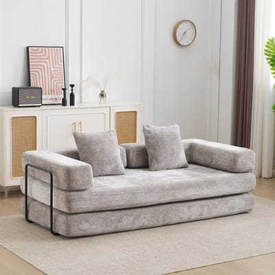 Multifunctionele Chenille Slaapbank–Vaste Framebank–Opvouwbaar met 2 Kussens en Armleuningen–Comfortabel 2-in-1 Ontwerp–Geschikt voor 2 Personen–Te Gebruiken als Logeerbed, Bank en Ligstoel–Ideaal voor Woonkamer, Appartement of Kleine Ruimtes-grijs