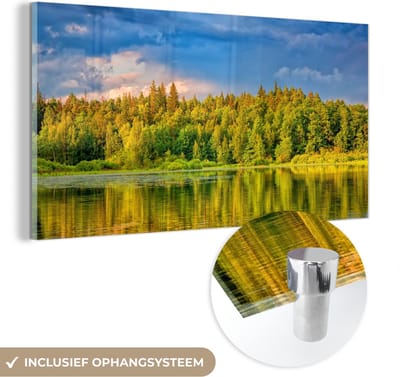 MuchoWow® Glasschilderij 40x20 cm - Schilderij acrylglas - Water - Natuur - Bos - Foto op glas - Schilderijen