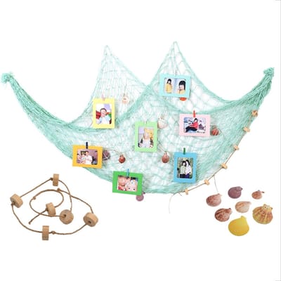 Dailygoods- Visnet Decoratief - Wanddecoratie - Maritieme Thema - Fotowand Achtergrond - 100 x 200 cm - Katoen met Schelpen en Zwemmers