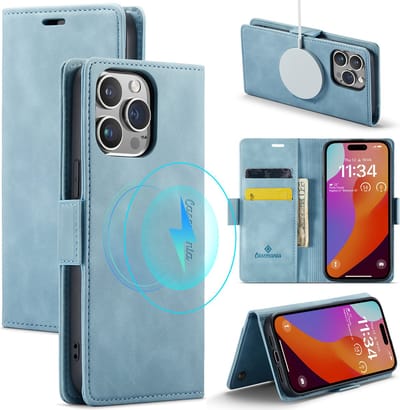 Casemania Hoesje Geschikt voor Apple iPhone 15 Pro Aqua Blue - Portemonnee Book Case - Geschikt voor MagSafe