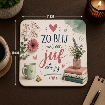 Zo Blij Met Een Juf Als Jij Onderzetter 10x10 cm – Bloemen Cadeau voor Juf – MDF Onderzetter