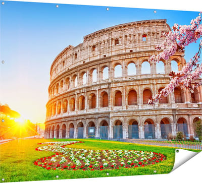 Gards Tuinposter Colosseum bij Zonsopgang in Rome, Itali� - 160x120 cm - Tuindoek - Tuindecoratie - Wanddecoratie buiten - Tuinschilderij