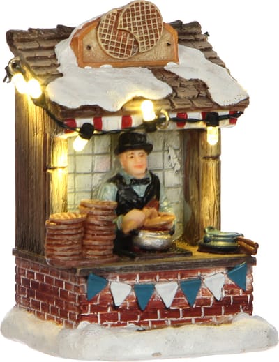 Luville Kerstdorp Stroopwafelkraam - Kerstversiering met Warm Witte Verlichting voor Binnen - Kerst Decoratie met Bakker en Stroopwafels - L7 x B6 x H10 cm - Meerkleurig
