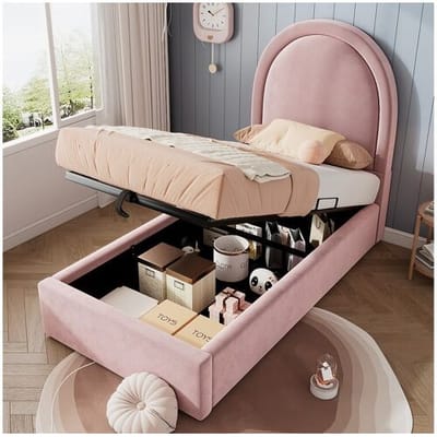 Kinderbed 90x200, Eenpersoonsbed met kosmisch patroon, roze PU voor jongens en meisjes (zonder matras)