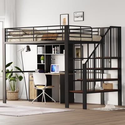 MODENUIT Hoogslaper 140x200 cm – Met Trap – Ruimte onder het Bed – Voor Slaapkamer – Metaal en Hout – Zonder matras – Zwart