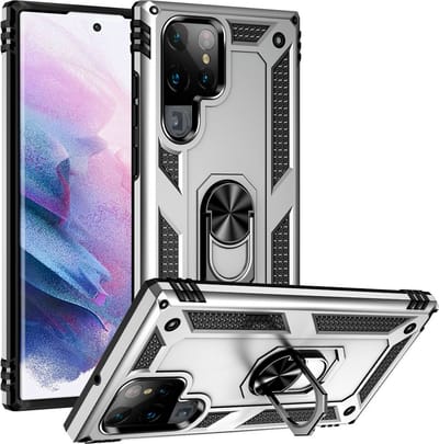 Samsung Galaxy S22 Ultra hybride backcover - Samsung Galaxy S22 Ultra ringstand hoesje - Hoesje Samsung Galaxy S22 Ultra - Samsung Galaxy S22 Ultra case - Zilver