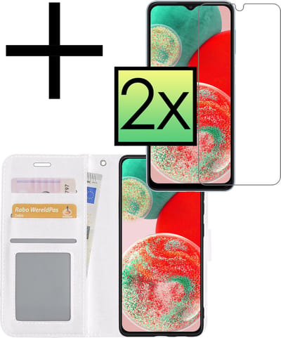 Hoesje - Met 2x Screenprotector - Geschikt voor Samsung Galaxy A23 - Luxe Pasjeshouder - Bookcase Portemonee - Flip Case - Kunstleer Book Case - Flipcase Hoes - Book Cover - Walletcase - Portemonneehoes - Wit