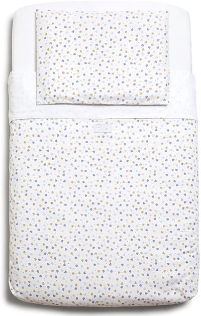 3-delige Wieg Beddengoed Set – Wit met Blauwe & Gouden Hartjes | Hoeslaken 83x50 cm + Dekbedovertrek + Kussensloop