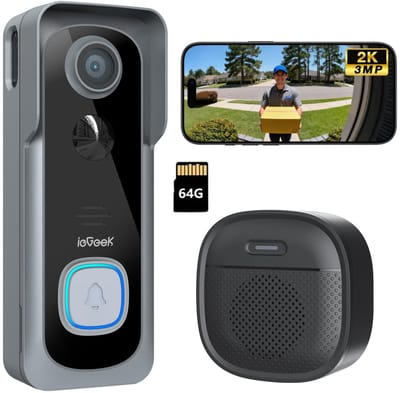 ieGeek Draadloze Video Deurbel - 2K FHD - Accu Grijs - Op batterijen - Eenvoudige installatie - Live videogesprek - Mens- en bewegingsdetectie - Geen abonnementskosten