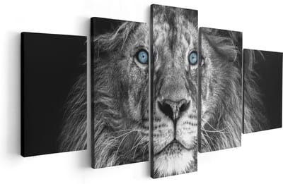 Artaza Canvas Schilderij Vijfluik Leeuw Met Blauwe Ogen - Zwart Wit - 100x50 cm - Wanddecoratie Woonkamer - Schilderijen - Muurdecoratie