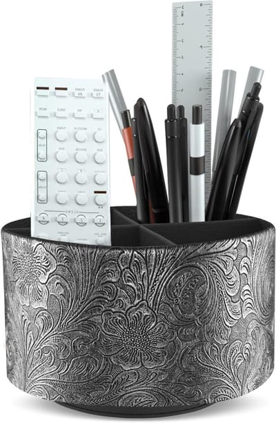Ronde Leren Organizer voor Kunstbenodigdheden en Afstandsbediening, 360 Graden Rotatie, Multifunctionele Potloodhouder met 4 Compartimenten voor Bureauaccessoires