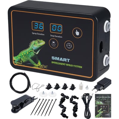 Reptiel Slim Vernevelingssysteem Intelligent Sproeisysteem 2 stuks Sproeikoppen 360 graden Verstelling Haak Getimede Sproei voor EU plug zwart