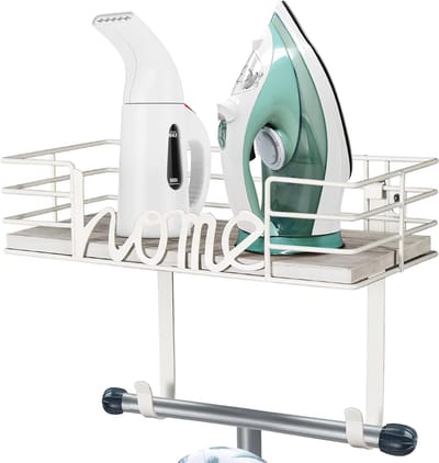 Strijkplank Hanger voor Wandmontage - Metalen Strijkplank Houder Met Witte Houten Basis en Verwijderbare Haken voor Wasruimte