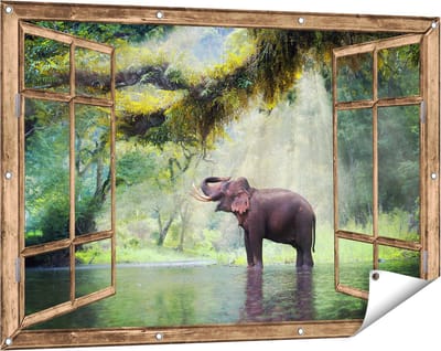 Gards Tuinposter Doorkijk Vrolijke Olifant in het Water - 120x80 cm - Tuindoek - Tuindecoratie - Wanddecoratie buiten - Tuinschilderij