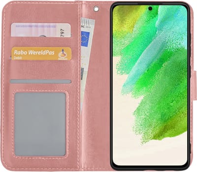 Hoes - Met Pasjeshouder - Geschikt voor Samsung Galaxy S21 FE - Luxe Bookcase Portemonee - Flip Case - Kunstleer Book Case - Flipcase - Book Cover - Walletcase - PortemonneeHoes - Rosé goud