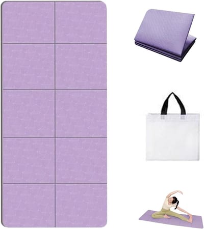 Yogamat - Opvouwbare, verdikte oefenmat - Inclusief opbergtas - Antislip en schokabsorberende fitnessmat - 185 cm x 90 cm - Fitnessmat - Paars - Geschikt voor stretchen, gewichtheffen, touwtjespringen en andere oefeningen.
