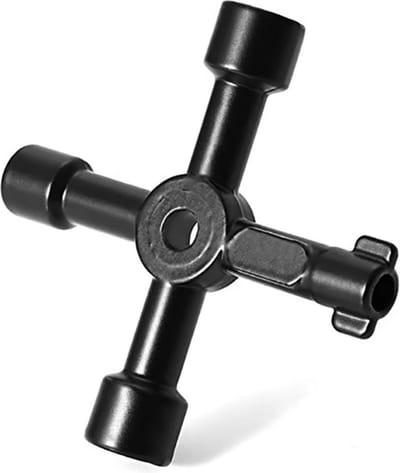 TLVX Multisleutel Zwart – Multitool 4 weg sleutel Universeel – Multifunctionele Schakelkast sleutel metaal – Vierkant – Driehoek - Radiator – Paaltjes - Kraan - Gas – CV-ketel – Meterkast – Cai - Elektra kast - 1 stuks