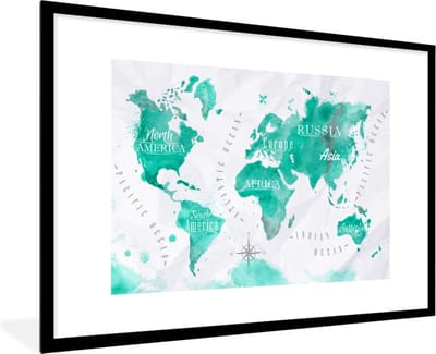 Poster in lijst - Fotolijst 90x60 cm - Posters - Wereldkaart - Schilderij - Waterverf - Posterlijst zwart - Decoratie - Wanddecoratie woonkamer - Muurdecoratie slaapkamer