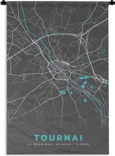 Wandkleed - Wanddoek - Kaart – Plattegrond – Stadskaart – Tournai – België - Grijs - 120x180 cm - Wandtapijt