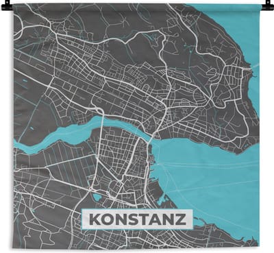 Wandkleed - Wanddoek - Kaart – Plattegrond – Stadskaart – Konstanz – Duitsland – Blauw - 180x180 cm - Wandtapijt