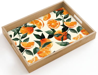 Dienblad hout 40x30 cm - Schootdienblad - Sinaasappels - Vruchten - Bladeren - Oranje - Groen - Beige - Borrelplank rechthoek - Plateau dienbladen
