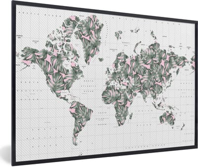 Poster in lijst - Fotolijst 90x60 cm - Posters - Wereldkaart - Planten - Roze - Posterlijst zwart - Decoratie - Wanddecoratie woonkamer - Muurdecoratie slaapkamer