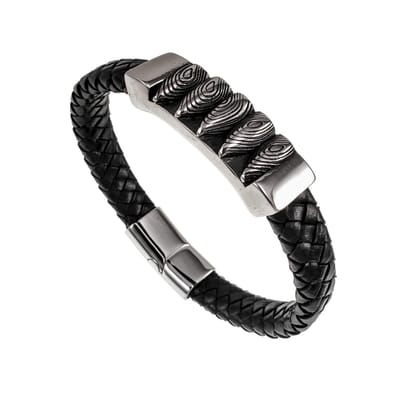 20cm x 12mm Armband Heren - Zilverkleurig RVS en Zwarte Leer Armband Kogelplaat - Gevlochten Armband