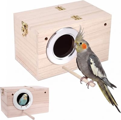 All-Inclusive nestkastje voor parkieten van massief hout met anti-bijt-ring en staande staaf - Ideaal voor broeden en koppelen (12x12x19,5cm)