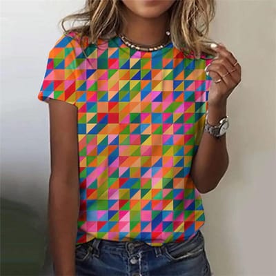 T-shirt Imprimé 3D Coloré Géométrique Color Block Pour Femmes Manches Courtes Été Harajuku Ample T-shirts Col Rond Hauts Tee 6XL blue