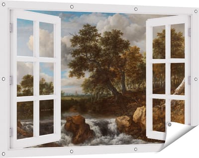Gards Tuinposter Doorkijk Landschap met Waterval - Jacob van Ruisdael - 120x80 cm - Tuindoek - Tuindecoratie - Wanddecoratie buiten - Tuinschilderij