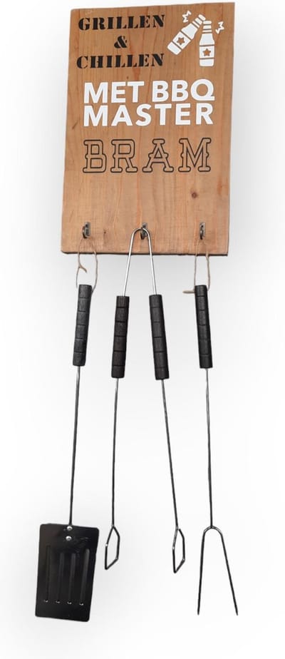 Uniek cadeau! BBQ MASTER Houten tekst bord BBQ barbecue gereedschap set verjaardag , jubileum of elk andere gelegenheid cadeau persoonlijk met naam