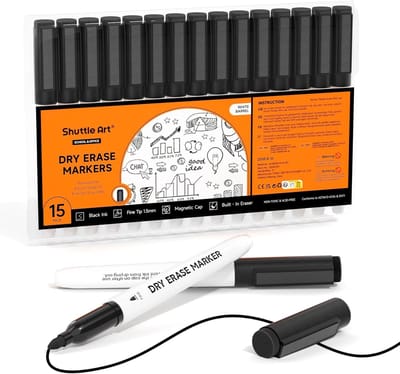 Whiteboard Markers Dunne Punt - Magnetische Whiteboard Markers - Zwart - 15 Stuks - Inclusief Wisfunctie - Voor School, Kantoor & Thuis