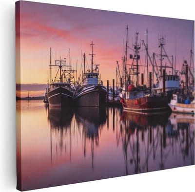 Artaza Canvas Schilderij Zonsondergang Haven - 40x30 cm - Klein - Wanddecoratie Boten - Muurdecoratie Zee - Schilderijen Op Canvas