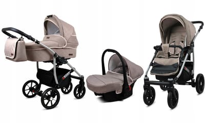 BabyLux® Kinderwagen 3in1 – QBARO - KHAKI - Opklapbare Wandelwagen incl. Reiswieg, Multifunctionele Buggy Sportstoel, Autostoel - Combi-kinderwagen met Luiertas, Regenhoes, Klamboe, Bekerhouder, etc.