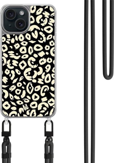 Hoesje met koord geschikt voor iPhone 13 - Animal skin - Inclusief zwart koord - Crossbody beschermhoes - Transparant, Zwart - Mooie Telefoonhoesjes