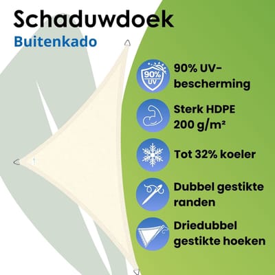 Buitenkado schaduwdoek driehoek 5x7x7m - HDPE/RVS - creme wit