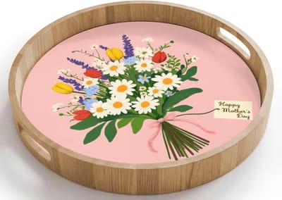 Dienblad rond 40x40 cm - Schootdienblad hout - Bloemen - Lint - Kaartje - Borrelplank rechthoek - Plateau houten dienbladen